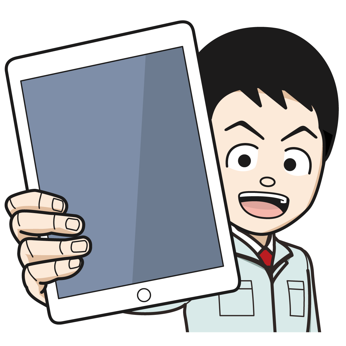 タブレット・iPadをかざす作業着を着た男性[緑]02_イラスト