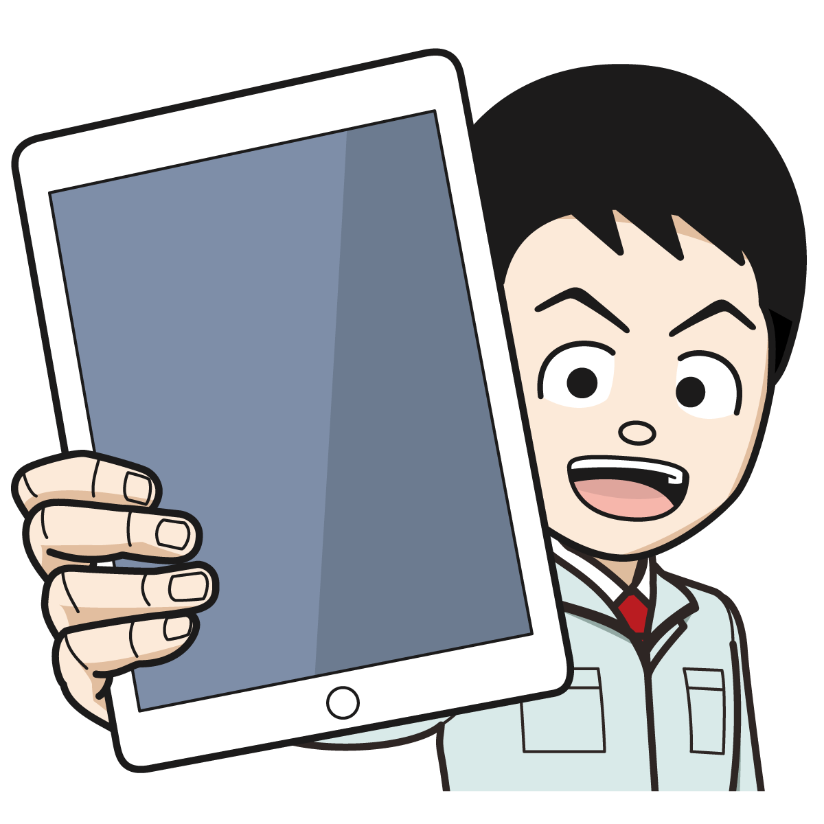 タブレット Ipadをかざす作業着を着た男性 緑 02 イラスト Mido Kichi