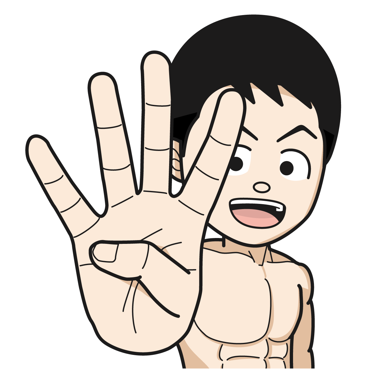 指で「4」を作るマッチョな裸姿の男性hand_19_イラスト