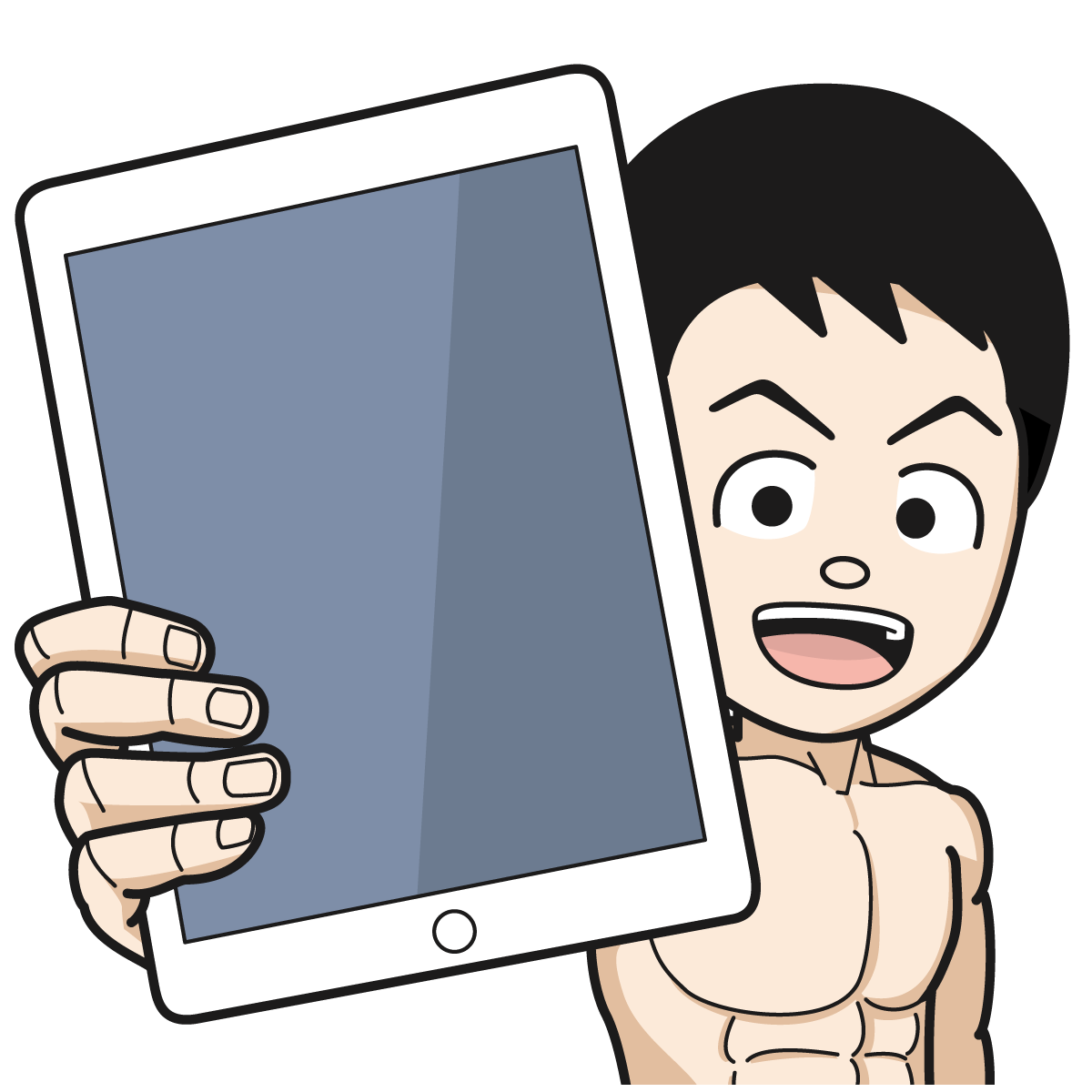 タブレット・iPadをかざすマッチョな裸姿の男性_02
