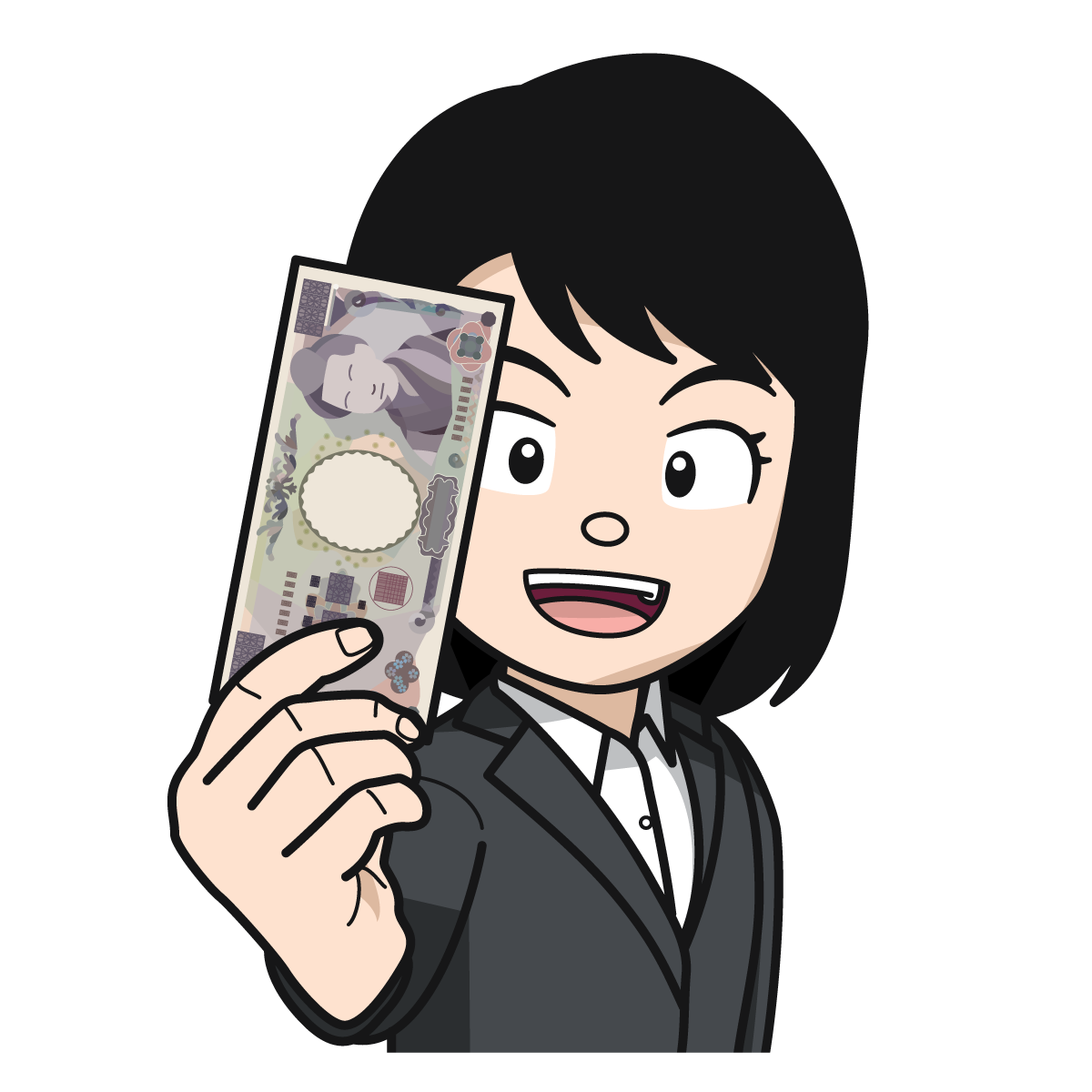五千円札を掲げるOL（女性）item_31_イラスト