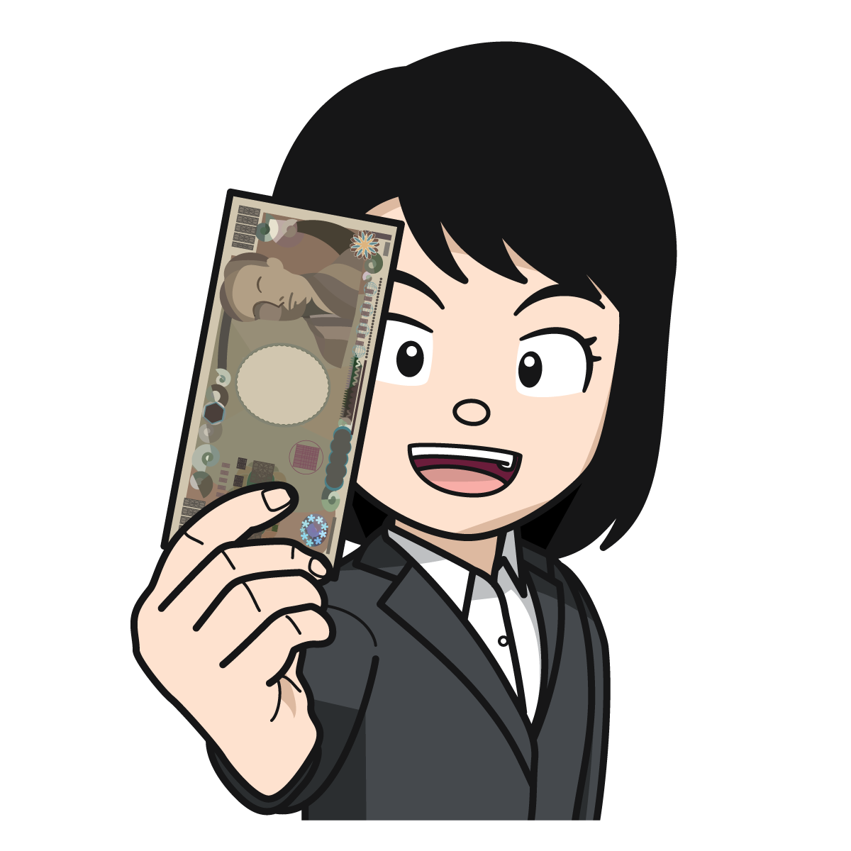 一万円札を掲げるOL（女性）item_32_イラスト